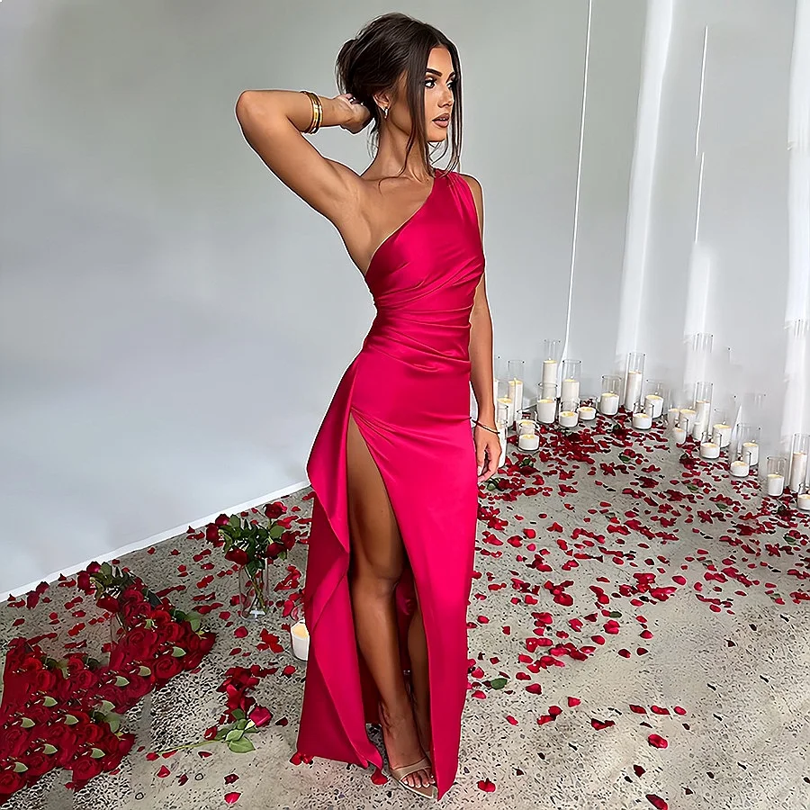 Satin Slit One-Shoulder Dress Summer Spring Bodycon Evening Dress Jumpsuit Playsuit
