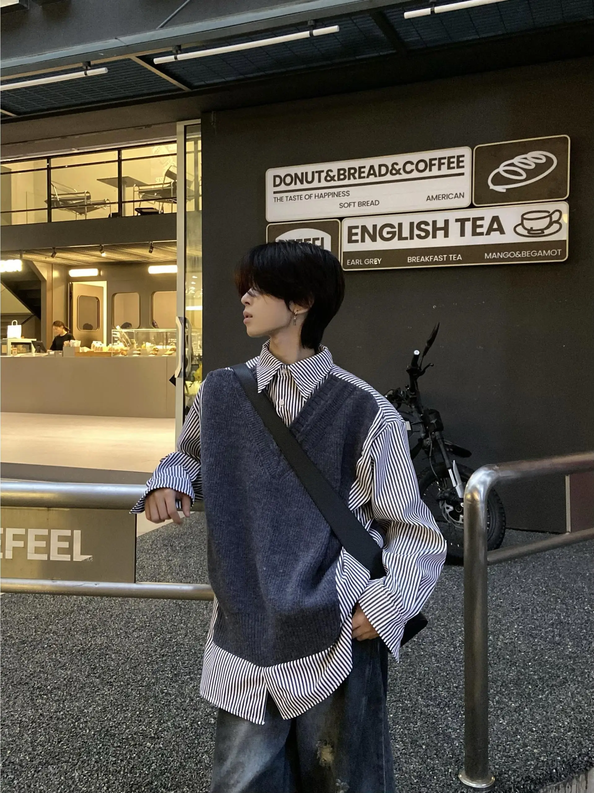 

Loose Fit Long Sve Sweater irt for Men Casual American Retro Plaid Design Two-Piece Appearances Polyester Fiber Korean S...