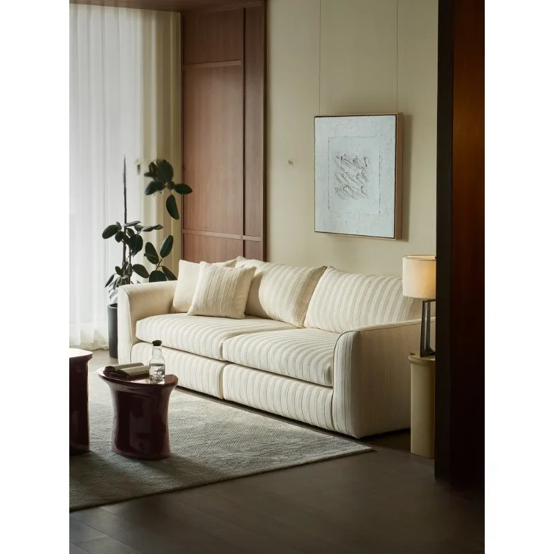 Fabric sofa cotton and linen wabi sabi retro style striped linen removable and washable straight row three people