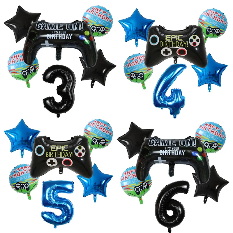 6 pçs jogo balões aniversário gamepad folha balão gaming globos número balão lan festa de aniversário das crianças menino decoração da festa de