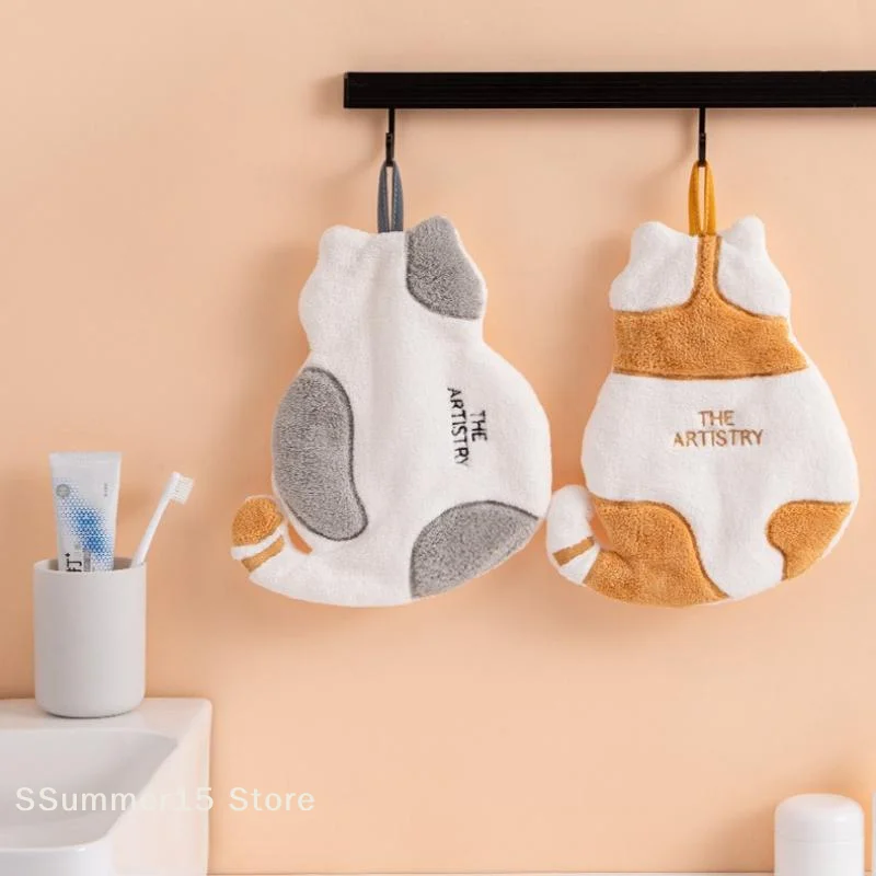 【R】Cute Cat Hanging Towel Kitchen Hand Towel Bathroom Soft Absorbent Handkerchief Wipe Towel Cartoon Kids Towels