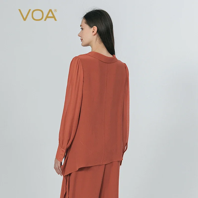 VOA 40 Momme Heavyweight Silk Asymmetrical Tops Womens Georgette Silk Puff Long Sleeves Dovetail T-Shirts Women Clothing BE1223