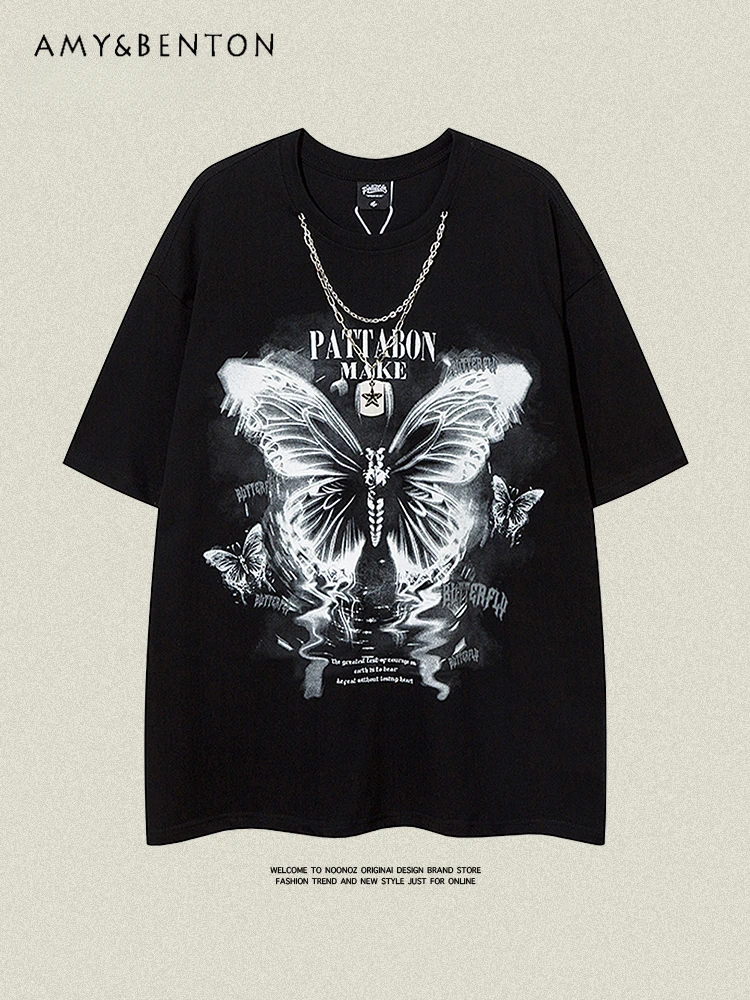 

Harajuku Gothic Butterfly Print Short Sleeve Tops American Retro Loose Hip Hop Graphic T-shirt Hot Girl Oversized T Shirt Summer