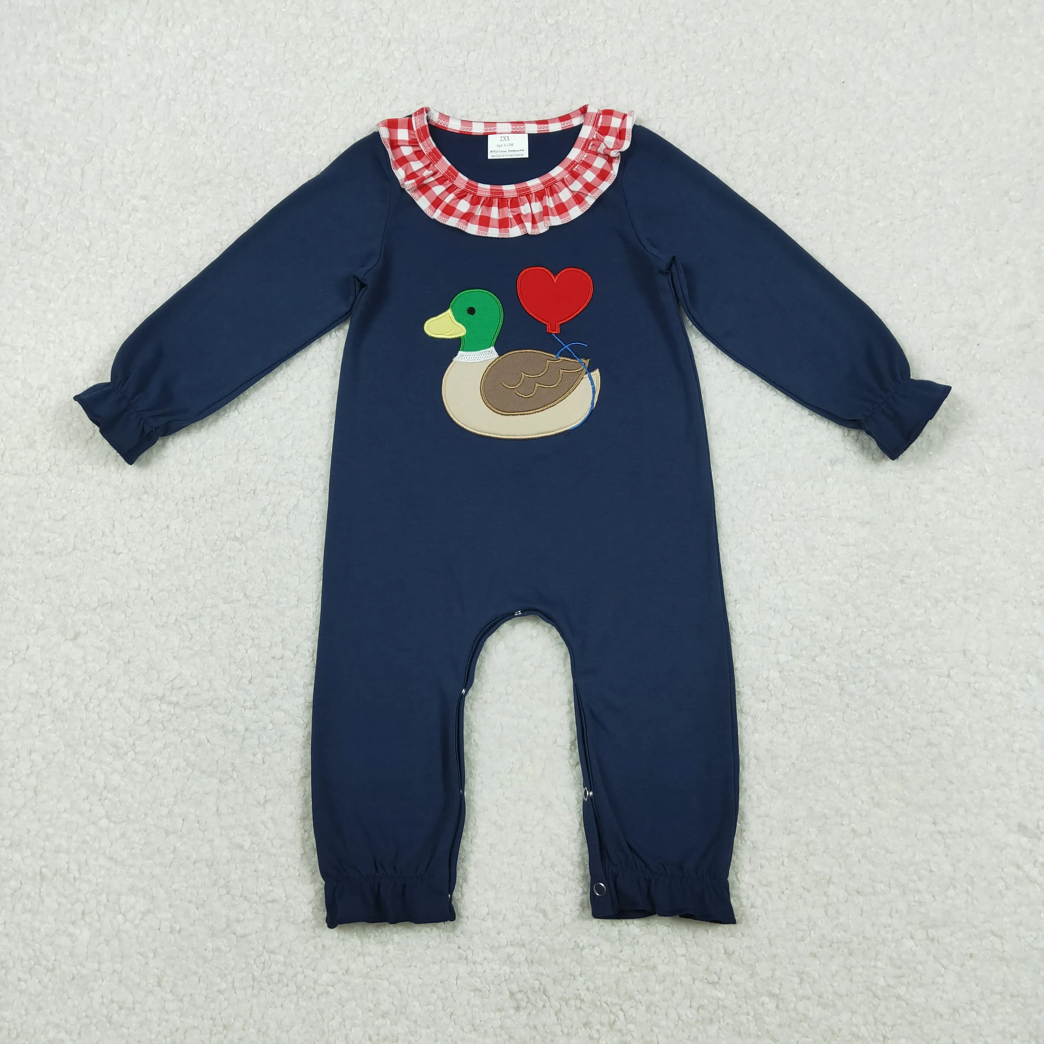 

11.24y Valentine's Day Baby Girl Rompers Wholesale Embroidered Heart Duck Plaid Long-Sleeved romper