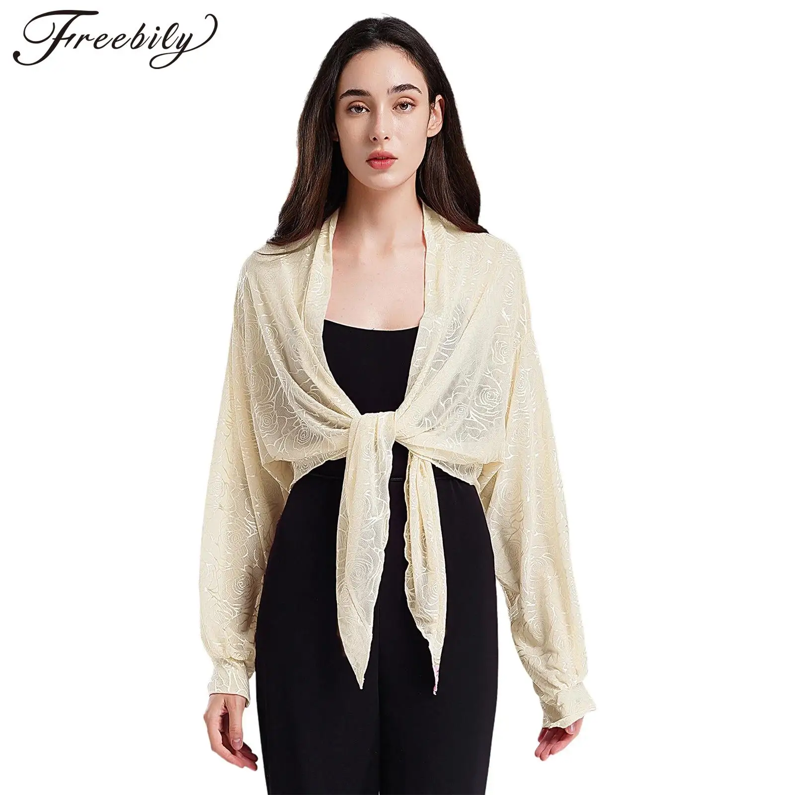 Elegant Womens Floral Sheer Mesh Wraps Shawls Bridal Bolero Cardigan Long Sleeve Open Front Lace-Up Shrug Casual Evening Wraps