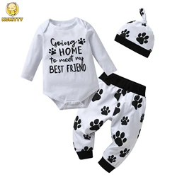 Spring Autumn Newborn Infant Baby Boy Clothes Sets Long Sleeve Romper Top with Letters and Pants Hats Footprint Printed Outfit