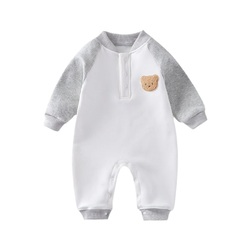 

Baby Fleece-Lined Warm Romper Cute Bear Head Color-Block Design Crew Neck Sports Onesie for Spring & Autumn Christmas Outings