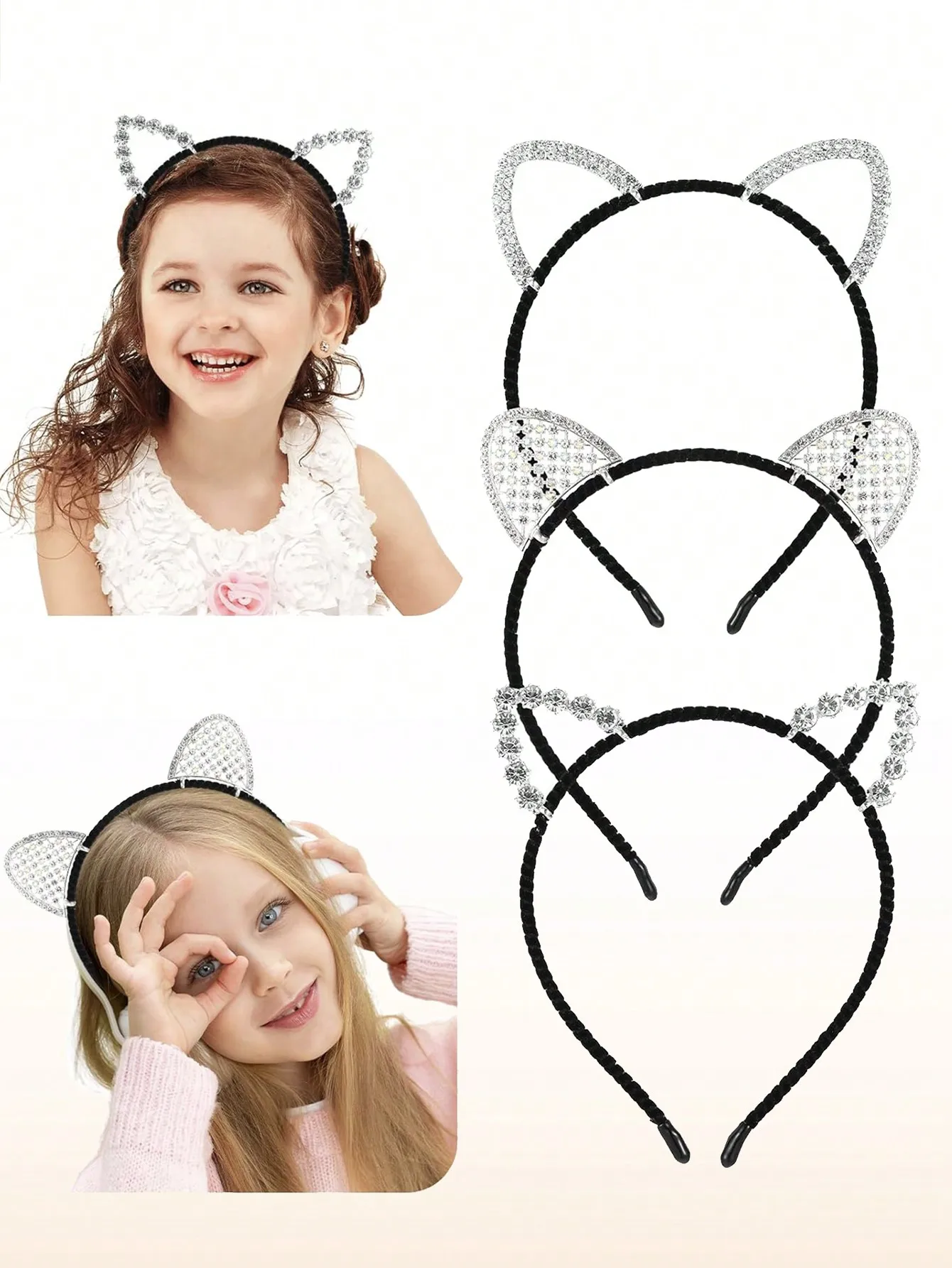 3Pcs Rhinestone Cat Ears Headband Glitter Cat Headband Crystal Cat Ear Headband Cute Kitty Ears Headband Shiny Animal Headbands