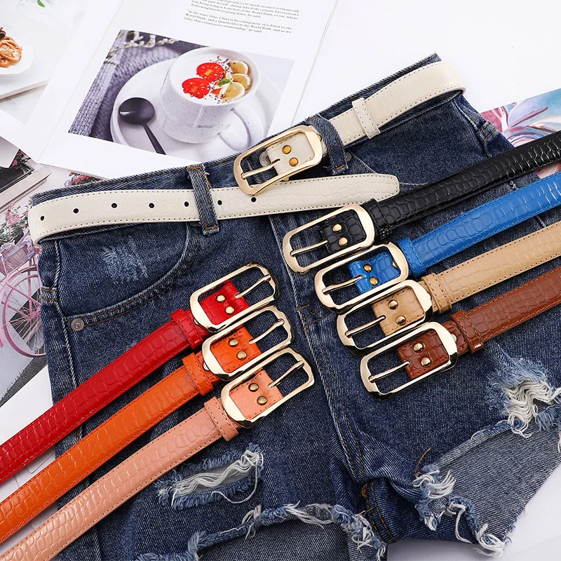 New Gold Buckle Belt Women Crocodile Pattern Casual Versatile Jeans Needle Buckle Belt Thin Multicolor Options