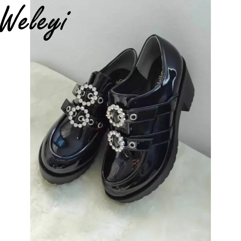 

Japanese Sweet Mine Series Velvet Shoes Diamond Buckle Light Mouth Black Leather Heel Mass Production Thick-soled High Heels