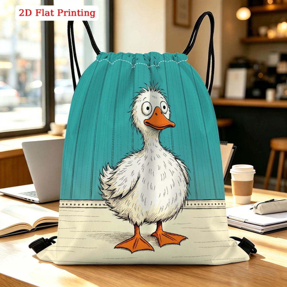 Cute White Duck On Teal Background Drawstring Backpack, Travel Shoe Bag, Fitness Sports Backpack, Travel Outdoor Drawstring