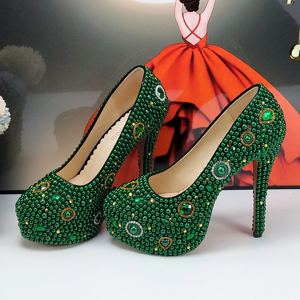 Green Pearl crystal Bridals Wedding shoes with matching bags Rhinestone Round Toe high heels party dress shoes Woman High Pumps