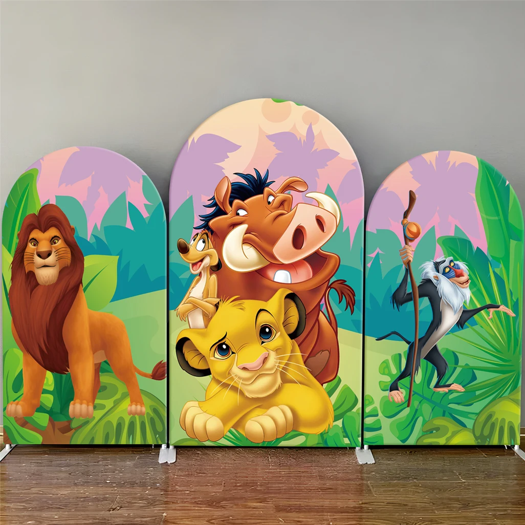 

Disney Lion King Simba Arch Backdrop Cover Green Forest Baby Shower Kids Birthday Party Photo Background Wall Elastic Fabric