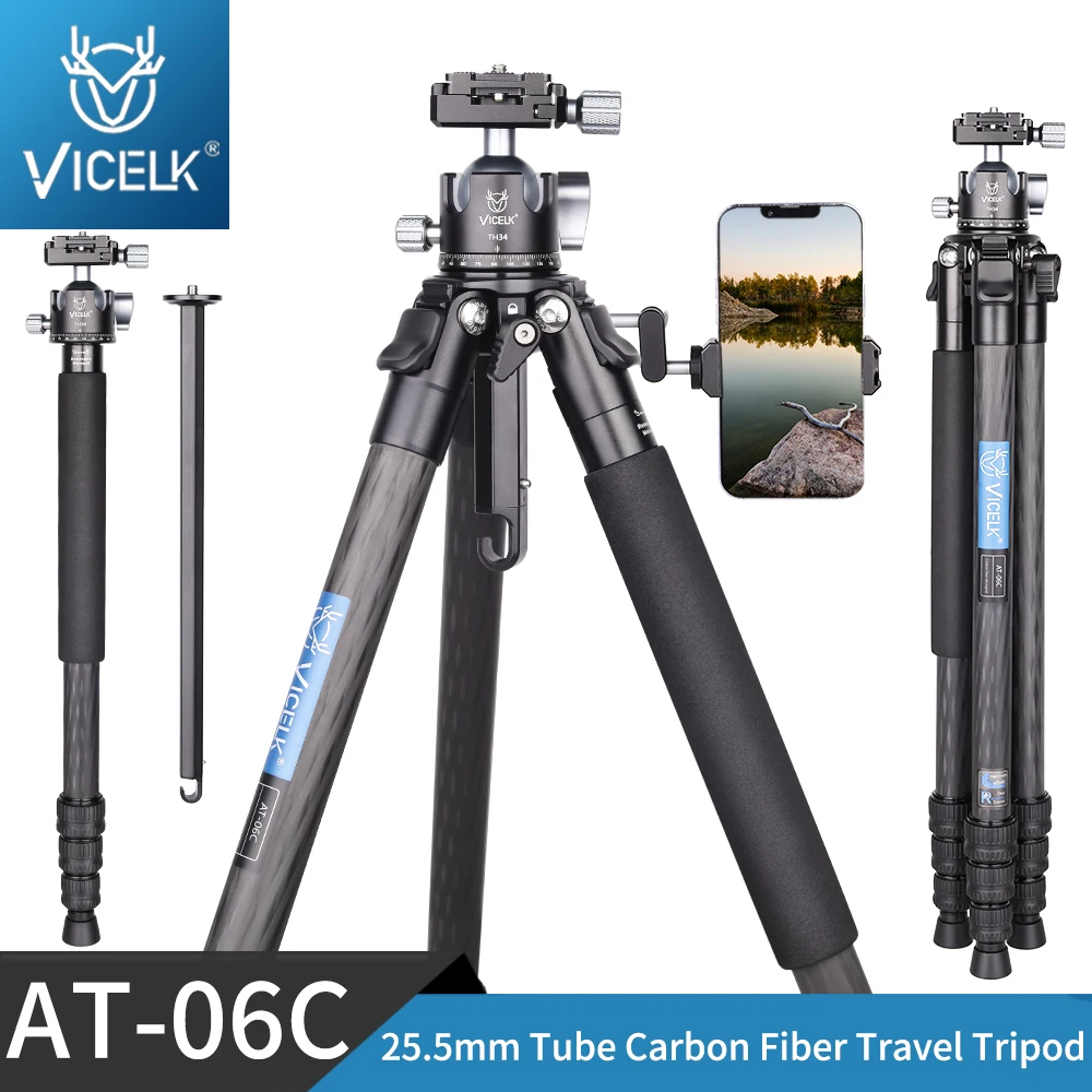 VICELK AT-06C Compact Carbon Fiber Tripod,25.5mm Tube Professional Travel Tripod Monopod for DSLR Camera Max Load 33lbs/15kg