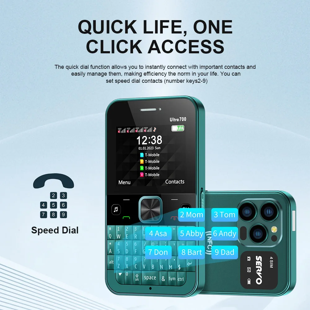 سيرفو Ultra700 4 بطاقات SIM الهاتف المحمول QWERTY لوحة المفاتيح تسجيل المكالمات سرعة الاتصال الهاتفي القائمة السوداء اللمس راديو FM 2G ميزة الهواتف المحمولة
