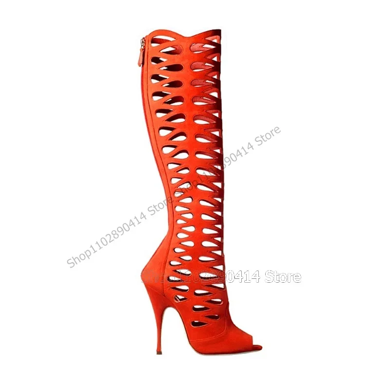 

Orange Hollow Design Peep Toe Sandals Boots Back Zipper Women Shoes Thin High Heels Sexy Fashion Runway 2023 Zapatos Para Mujere