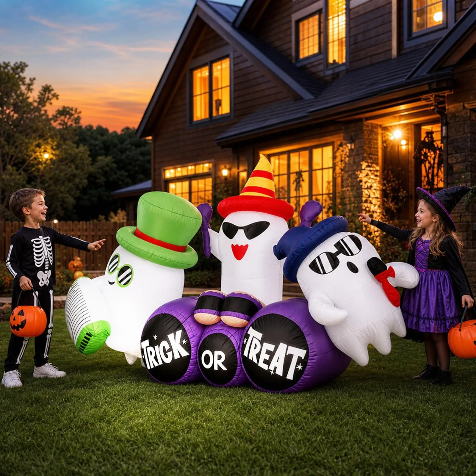 8FT Halloween Inflatable Ghost Decoration with LED Lights, Trick or Treat Blow Up Outdoor Yard Decor for Garden
