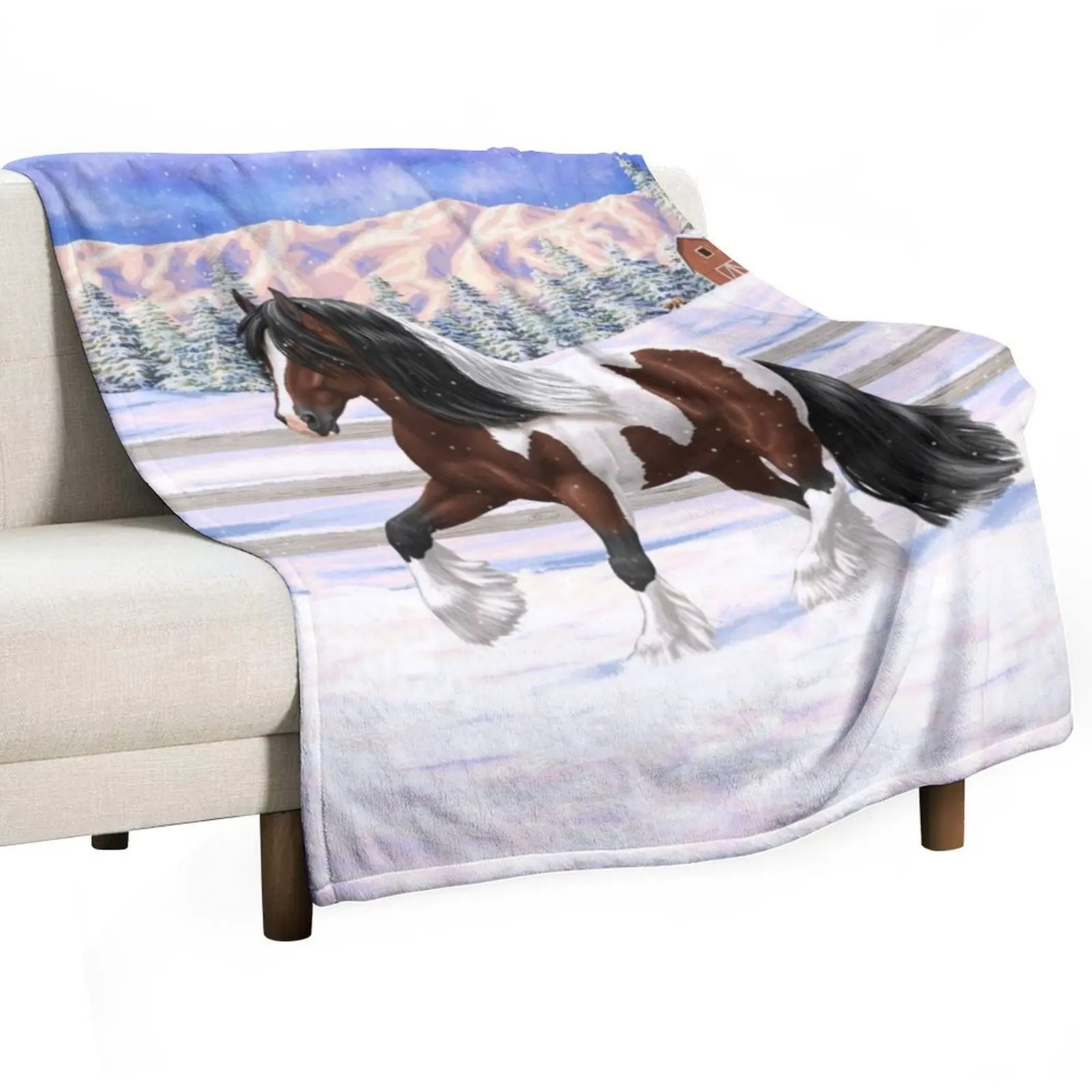 

Brown Bay Pinto Skewbald Gypsy Vanner Draft Horse In Snow Throw Blanket Cozy Home Blanket Gift for Christmas Holiday