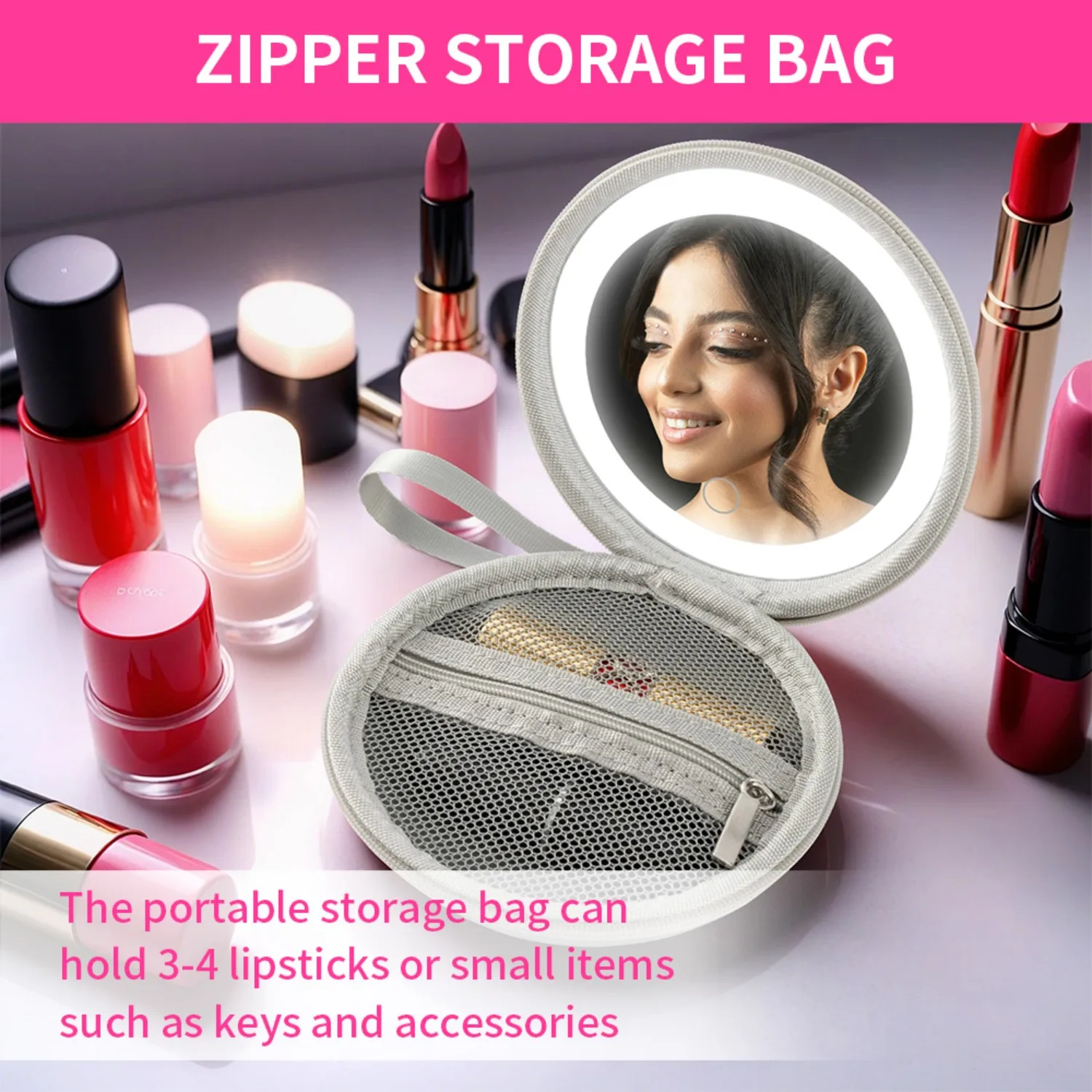Portable Leather Makeup Mirror - Touch Dimming, Built-In Lipstick Storage, Rechargeable with Hanging Strap