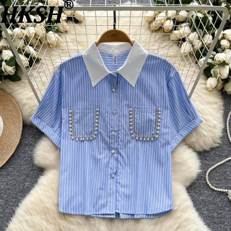 

HKSH Summer New Women French Shirt Striped Pocket Beaded Diamonds Short Sleeve Single Breasted High Street Y2K Sweet Tops HK8189