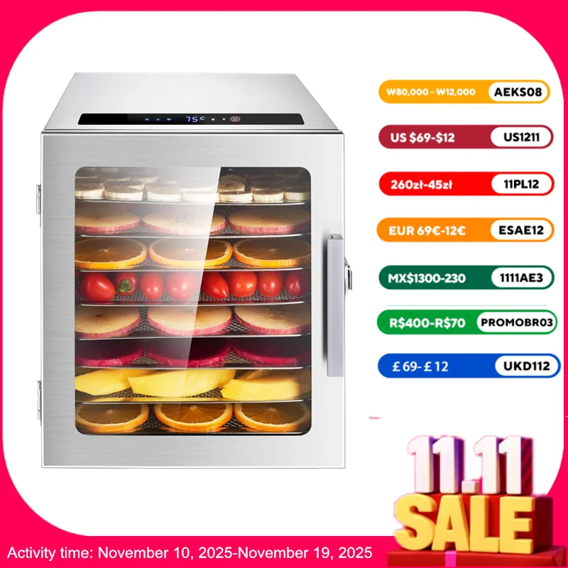 

8 Trays Food Dehydrator Stainless Steel Machine Household Vegetables Fruit Dryer with Digital Timer for Home Electric Food Dryer