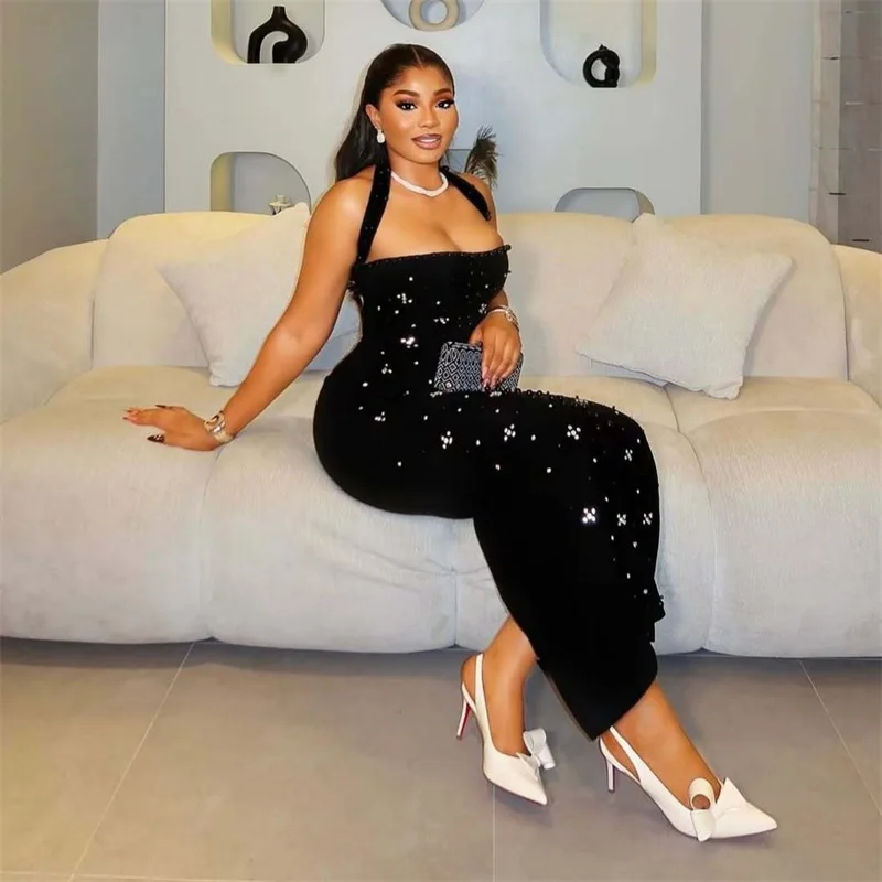 

Sexy Black Women Prom Dress Sexy Halter Sleeveless Backless Beads Long Party Gown Bandage Sheath Formal Birthday Red Carpet Robe