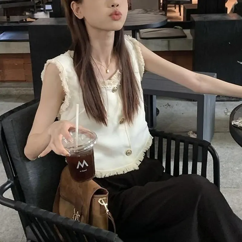 

Summer French Style Sleeveless Tanks Stylish Tassel Spliced Female Clothing Basic Solid Color Elegant Square Collar Button Camis
