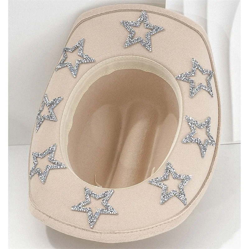 Combhasaki Women Men Cowgirl Hat Wide Brim Sequined Rhinestone Star Western Hats for Wedding Carnival Rave Party Travel Costume