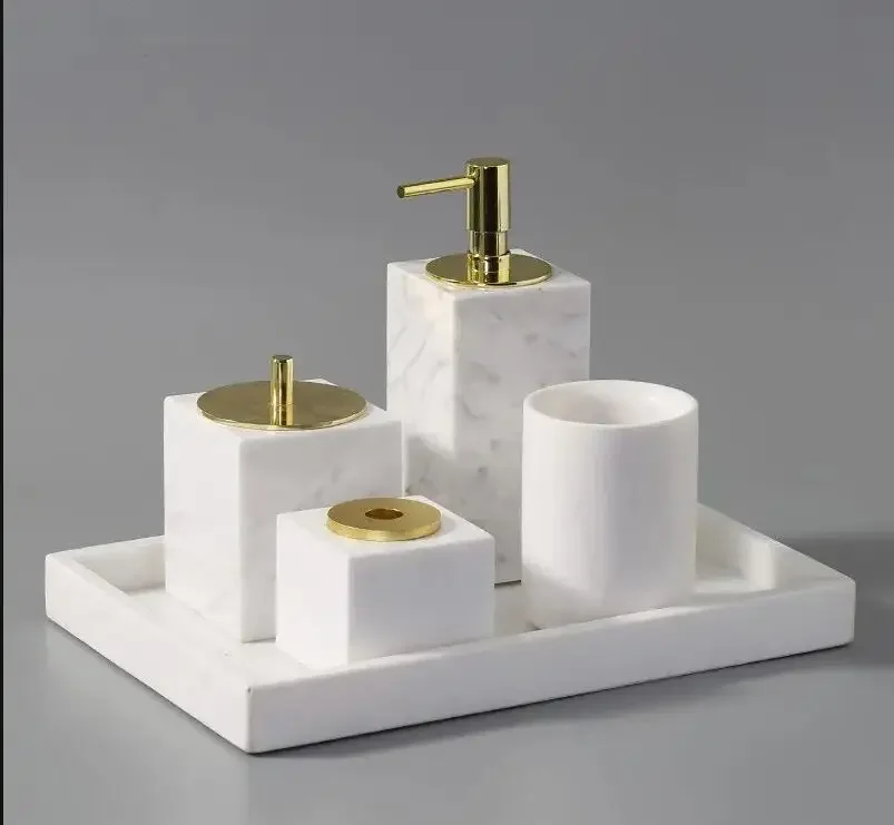 

Marble Bathroom Set Wash Five-piece Set Nordic Luxury Mouthwash Cup Soap Dispenser Set Home Bathroom Accessories Cotton Swab Box