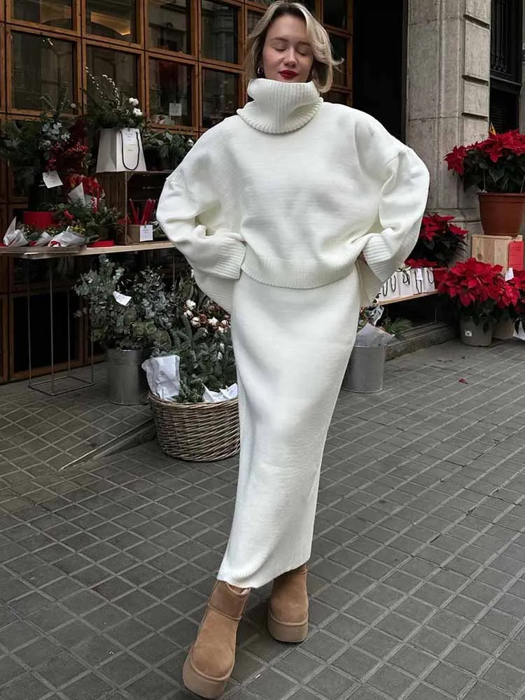 

MCDV Knit Solid Women Turtleneck Sweater Skirt Set Autumn Winter Elegant Loose Pullover And Long Skirt 2-Piece Set Warm Knitwear