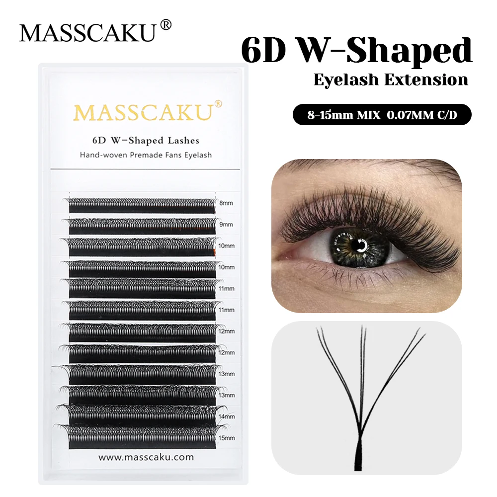 

Hot Selling MASSCAKU C/D Curl Matte Black 3D 4D 5D W Shape Premade Fans Eyelashes 8-15mm&mix Premium Material W Style Eyelash