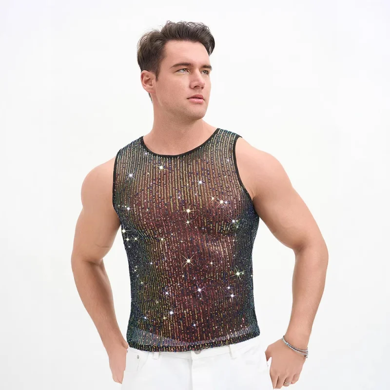 

Весенне-летняя мужская блестящая майка без рукавов с пайетками и стразами для вечеринок, ночных клубов и музыкальных фестивалей, модная и универсальная, высокого качества.