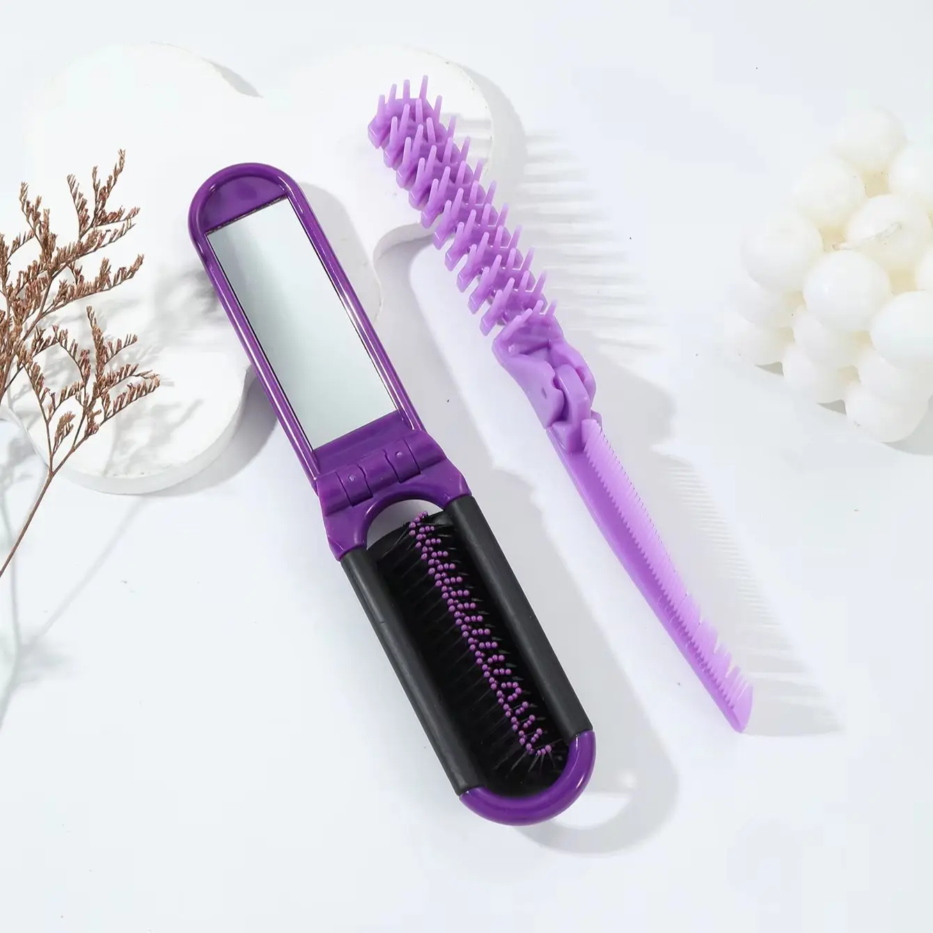 مجموعة فرش قابلة للطي مكونة من قطعتين، مشط مرآة وسادة هوائية محمولة، مشط برأس مزدوج واسع وناعم المسنين خاص للشعر المستعار الحقيقي