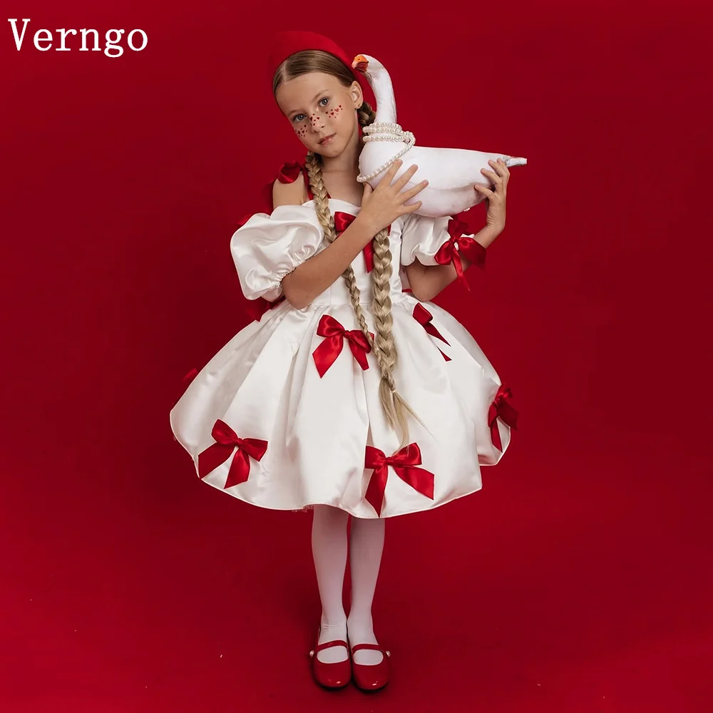 

Verngo lvory Satin Girl Flower Dresses Ball Puff Short Sleeves Birthday Party Dress Kid Christmas Celebrity Gown Customized
