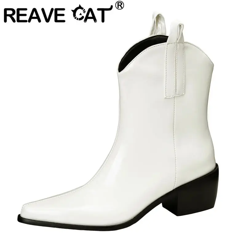 

REAVE CAT Brand 2025 Women Ankle Boots Pointed Toe Chunky Heels 5.5cm Slip On Large Sizes 46 47 48 Casual Daily Soft Bota