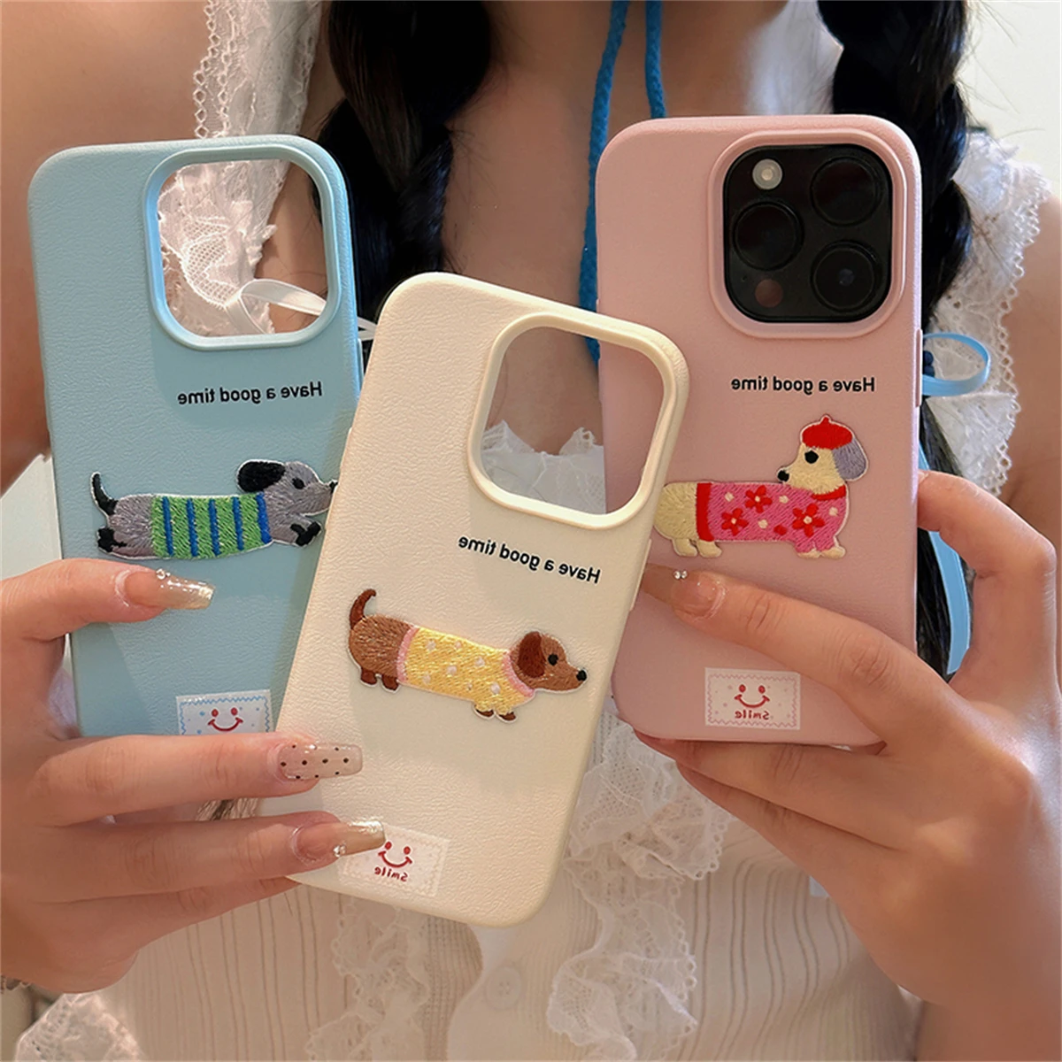 Cute Cartoon Dachshund Litchi Pattern Phone Case For iPhone 16 15 14 13 12 Pro Max 11 Korean Lovely Shockproof Soft Cover Funda