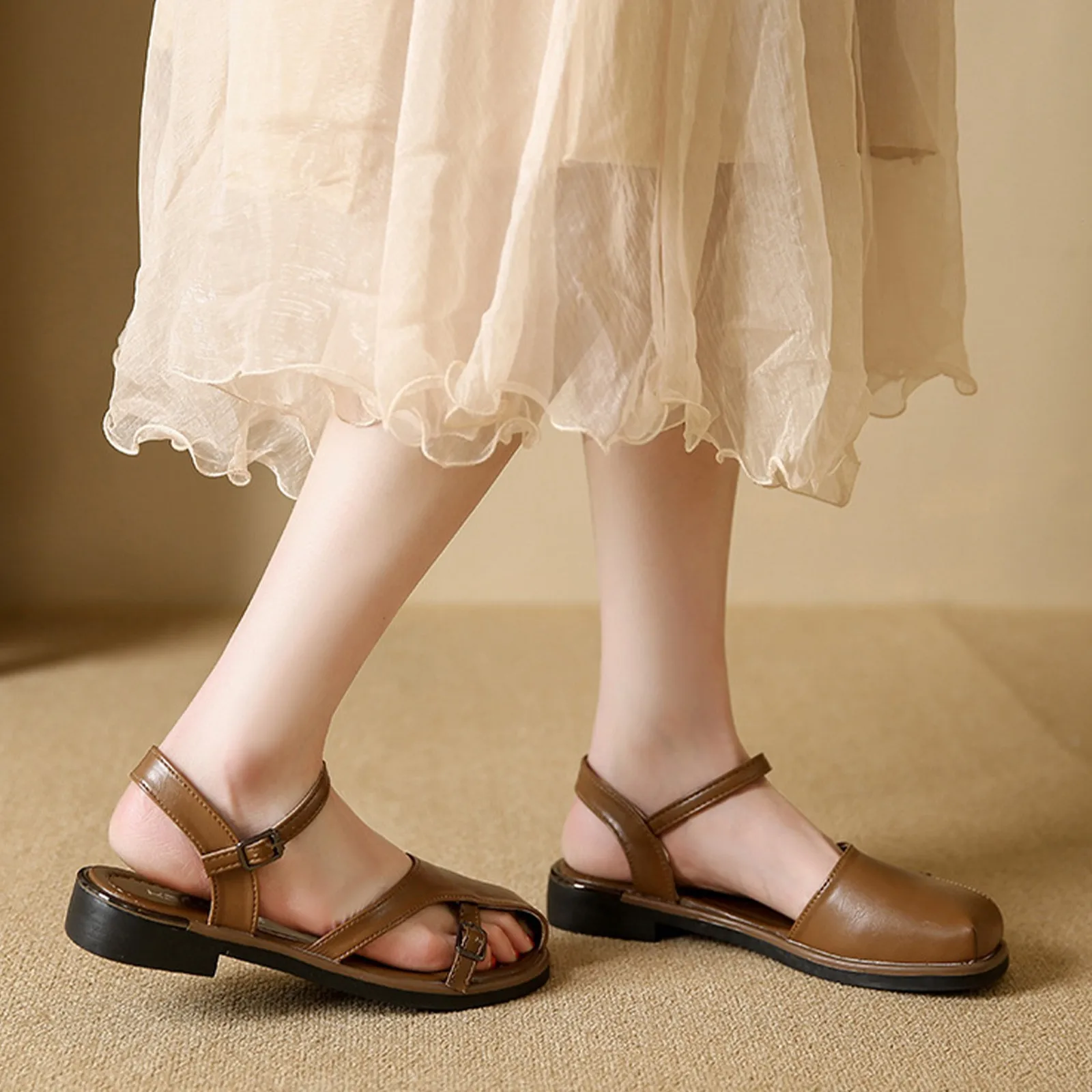 

Women's summer sandals Fashion Baotou Sandals Hollowed Out flat sandals Patent leather lace-up sandals Female Casual Shoes