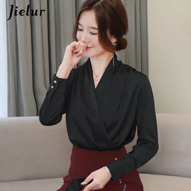 Jielur Blus Atasan Wanita Blus Satin Putih Solid Warna Kemeja Kantor Blus Tanpa Lengan Kemeja Wanita Hitam Putih Wanita