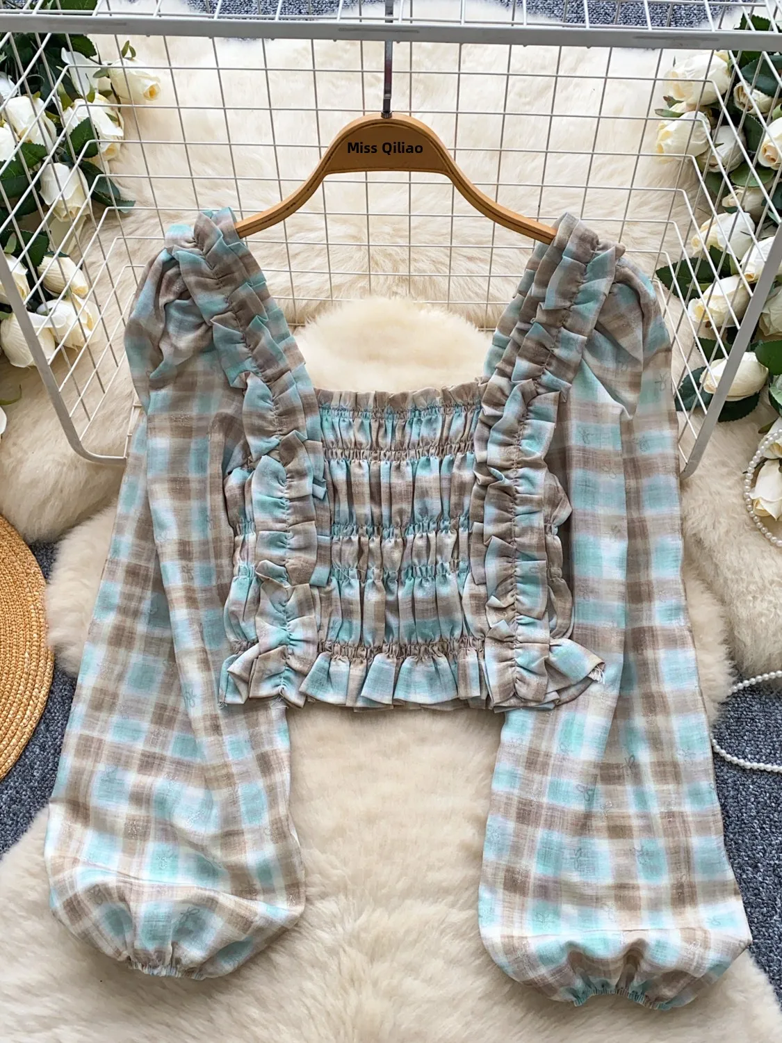 

Sweet Sle Bubble Sve Slim Fit с квадратным воротником, женский топ, осенний модный, маленький размер, модная корейская версия, дышащая...