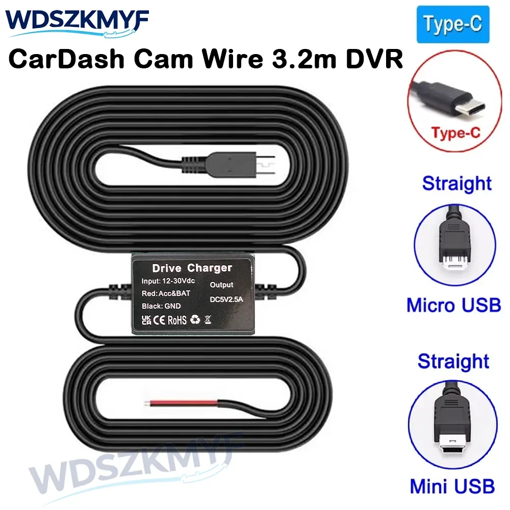 Car Dash Cam step-down Wire 3.2m DVR Hardwire Cable Kit Video Recorder 12–24V to 5V Mini/Micro USB Charger Cable for Car Dashcam