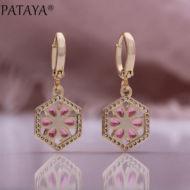 PATAYA Red Natural Zircon Stud Earrings for Women 585 Rose Gold Color Flower Earrings Quality Daily Fine Vintage Jewelry Sets