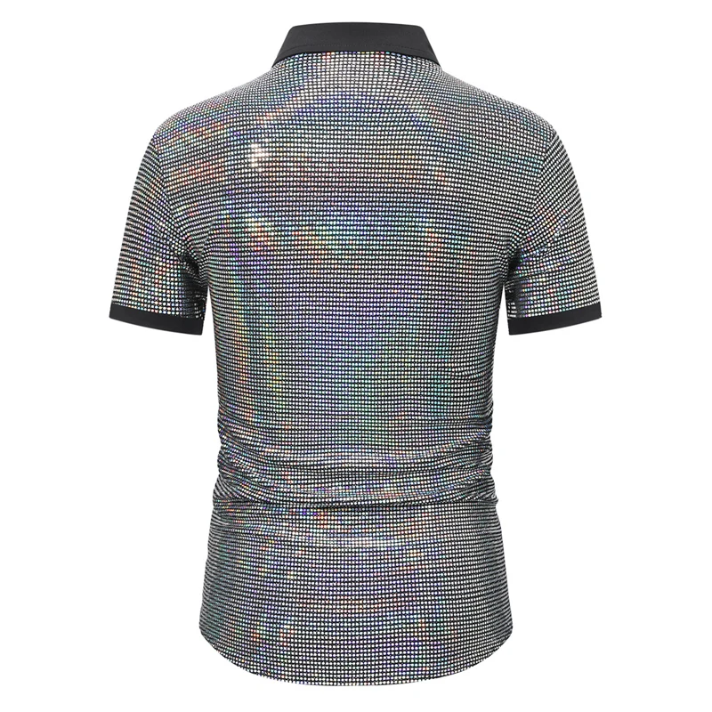 Silver Sequin Dazzling Mens Dress Shirts 2024 Brand New Short Sleeve Party Shirt Men Casual Nightclub Party Chemise Homme XXL