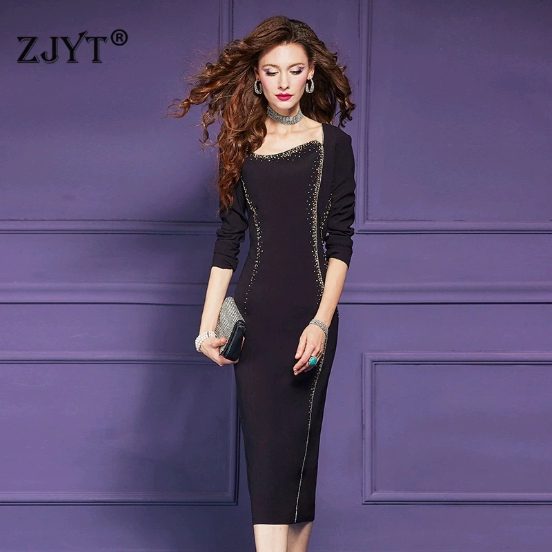 Zjyt elegante luxo beading vestidos para as mulheres outono 2025 moda gola quadrada midi formal festa eveing vestido plus size roupas
