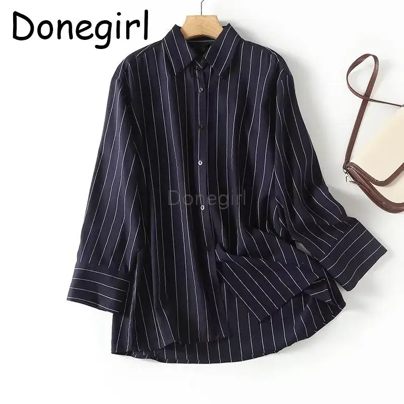 Donegirl 2023 Nieuwe Lente Zomer Dames Lange Mouw Gestreept Bedrukt Linnen Shirt Losse Casual Eenvoudige Blouses Dames Tops Chic