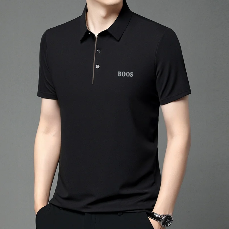 Freizeit-Herren-Kurzarm-Poloshirt mit Revers-Knopfleiste, Einfarbig mit Schriftzug, Bequemes Atmungsaktives Trendiges Herren-T-Shirt – Detail 25