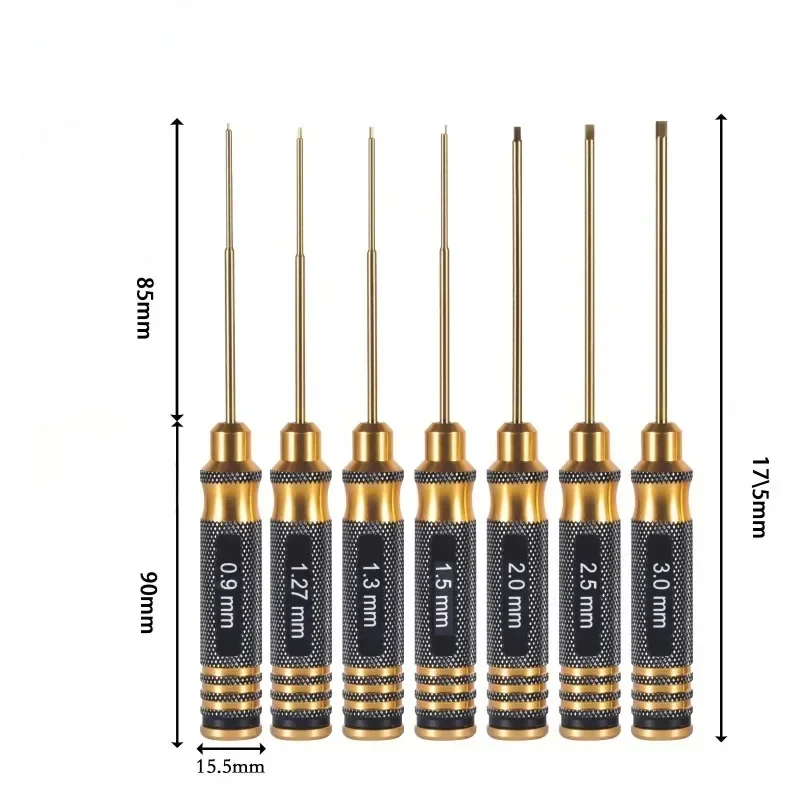 7-piece set with gold round handle and titanium plated hexagonal inner corner Steel Hex Screwdriver Set 0.9/1.27/1.3/1.5/2.0/2.5