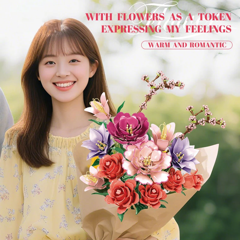 Juego de bloques de construcción de ramo de flores artificiales, 769 Uds., con rosa, peonía, lirio, Eustoma, flor de melocotón, juguetes para niños