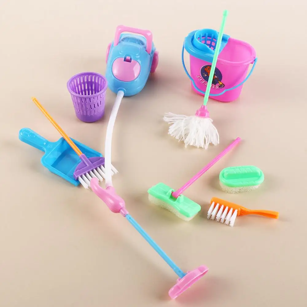 9 ชิ้น/เซ็ตเล่น 1:6/1:12 บ้านตุ๊กตาเฟอร์นิเจอร์แปรงกวาดตุ๊กตาเครื่องมือทําความสะอาดในครัวเรือนการศึกษาสีสุ่ม