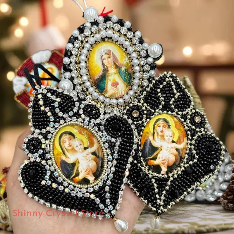 3D Glass Pendant Our Lady Mary Lanyard Accessories Bag Decoration Lanyard Beading Rhinestone Car Hanging Applique Decor