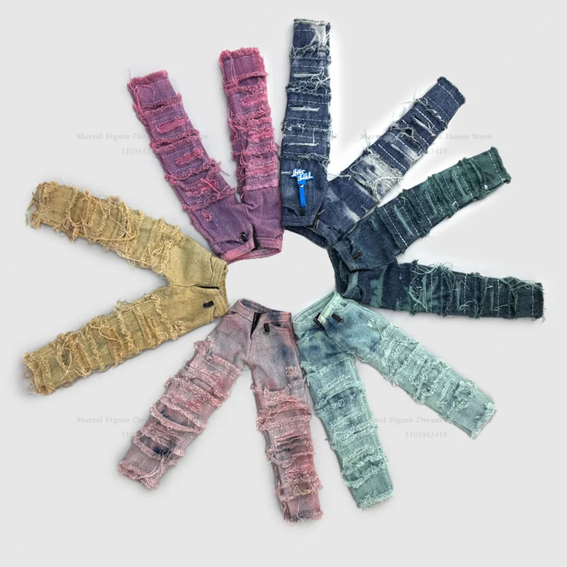 

1/6 Scale Morandi Color Palette Dyed Washed Trendy Ripped Slim-Fit Flared Jeans Male Clothes For 12-inch Action Figure Soldier